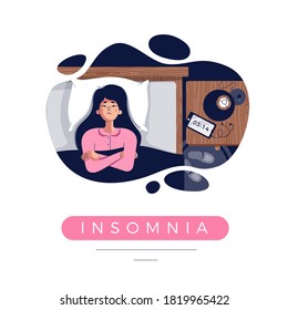 Sleepless girl suffers from insomnia, sleep disorder. Sad tired woman lying in bed with open eyes, trying to fall asleep in darkness night room. Cute character, flat cartoon style, vector illustration