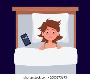 Sleepless girl suffers from insomnia. Tired young woman lying in bed and trying to fall asleep. Vector illustration