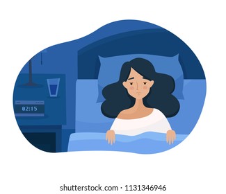 Sleepless girl suffers from insomnia. Woman in bed with open eyes in darkness night room. Flat cartoon style vector illustration. 