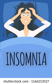 Sleepless girl suffers from insomnia. Woman in bed with open eyes in darkness night room. Flat cartoon vector illustration. Woman character with insomnia or nightmare lying in bed. Banner