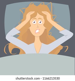 Sleepless girl suffers from insomnia. Woman in bed with open eyes in darkness night room. Flat cartoon vector illustration. Woman character with insomnia or nightmare lying in bed