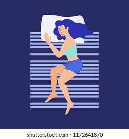 Sleepless girl suffers from insomnia. Woman character flat style vector illustration