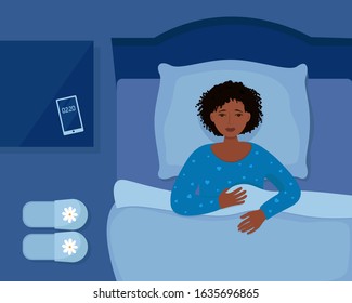 Sleepless girl suffers from insomnia. Woman in bed with open eyes in darkness night room. Flat cartoon style vector illustration.