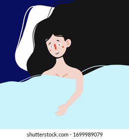 Sleepless girl suffers from insomnia. Woman in bed with open eyes in darkness night room. Flat cartoon style vector illustration.