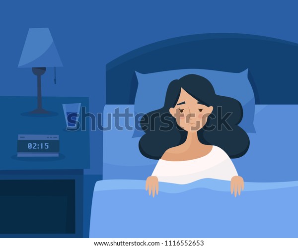眠れない女の子は不眠症に悩む 暗い夜間の部屋で目を開けたベッドの女性 フラットなカートーンスタイルのベクターイラスト のベクター画像素材 ロイヤリティ フリー