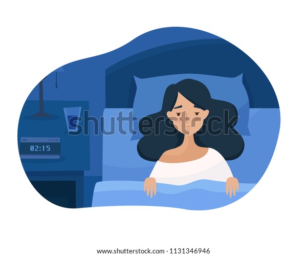 眠れない女の子は不眠症に悩む 暗い夜間の部屋で目を開けたベッドの女性 フラットなカートーンスタイルのベクターイラスト のベクター画像素材 ロイヤリティ フリー