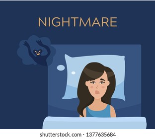 Sleepless girl suffers from nightmare and insomnia. Vector flat illustration in cartoon style