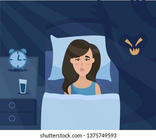 Sleepless girl suffers from nightmare. Woman lying in bed and looking for a monster. Vector cartoon illustration in flat style