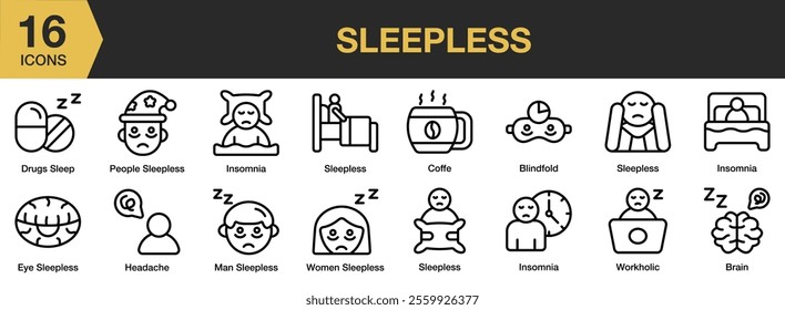 Sleepless icon set. Includes insomnia, sleepless, stress, night, anxiety, and More. Outline icons vector collection.