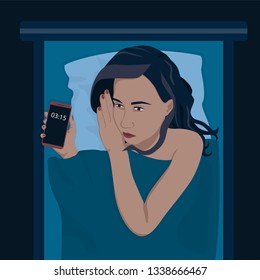 Sleepless womаn lies in bed and suffers from insomnia. Tired girl with phone in the hand with open eyes in darkness night room. Sad, tired female awake. Flat vector illustration, eps 10