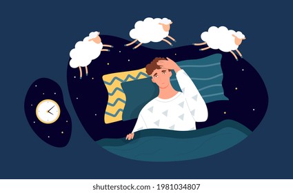 Sleepless male character suffering from insomnia. Young man with open eyes lying on bed counting sheep. Psychological stress caused by low energy and depressed mood. Flat cartoon vector illustration