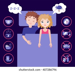 Sleepless man character counting sheep and sleeping woman character with good dream. Sleep and insomnia flat icons.  Vector illustration. 