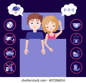 Sleepless man character counting sheep and sleeping woman character with good dream. Sleep and insomnia flat icons.  Vector illustration. 