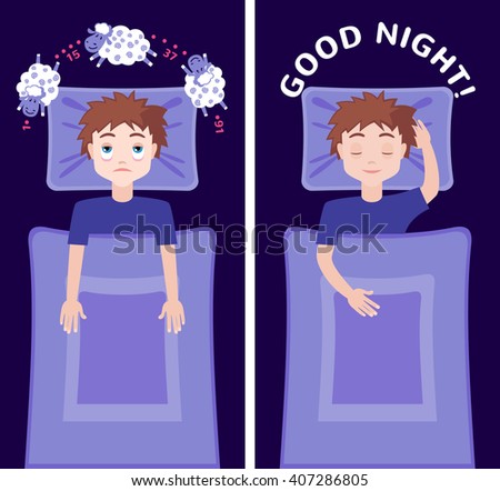 Sleepless man character counting sheep and sleeping man character with good dream. Insomnia concept. Vector illustration
