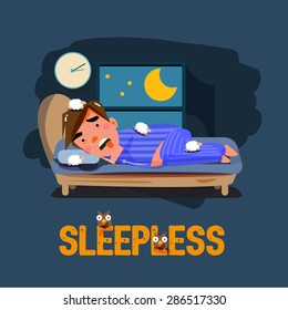 sleepless man character on the bed with bad emotional feeling. character design. ubhealthy concept - vector illustration