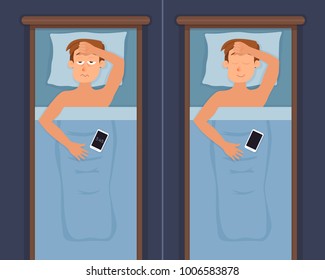 Sleepless man face cartoon character suffers from insomnia problem vs happy guy have a sweet dream. Person with open eyes in darkness night lying on bed. Sad male  awake, tired vector illustration