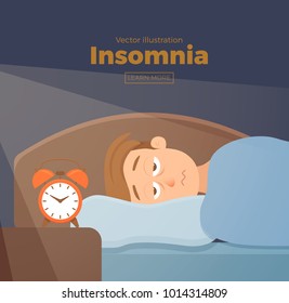 Sleepless man face cartoon character suffers from insomnia. Guy with open eyes in darkness night lying on bed concept. Sad male  awake, tired with canâ??t dream problem vector illustration