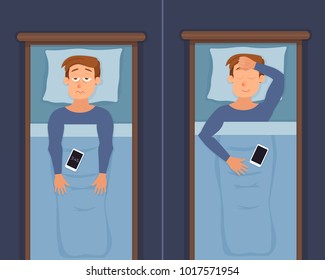 Sleepless man face cartoon character suffers from insomnia problem vs happy guy have a sweet dream. Person with open eyes in darkness night lying on bed. Sad male  awake, tired vector illustration