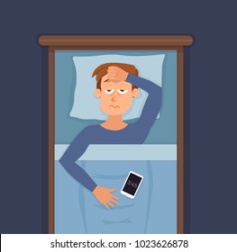 Sleepless man face cartoon character suffers from insomnia. Guy with open eyes in darkness night lying on bed concept. Sad male  awake, tired with canâ??t dream problem vector illustration