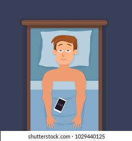 Sleepless man face cartoon character suffers from insomnia. Guy with open eyes in darkness night lying on bed concept. Sad male  awake, tired with dream problem vector illustration