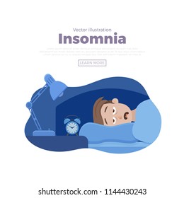 Sleepless Man Face Cartoon Character Suffers From Insomnia. Guy With Open Eyes In Darkness Night Lying On Bed Concept. Sad Male Awake, Tired With Can T Dream Problem Vector Illustration