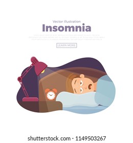 Sleepless man face cartoon character suffers from insomnia. Guy with open eyes in darkness night lying on bed concept. Sad male awake, tired with can t dream problem vector illustration