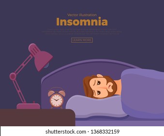Sleepless man face cartoon character suffers from insomnia. Guy with open eyes in darkness night lying on bed concept. Sad male awake, tired with can t dream problem vector illustration