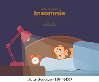 Sleepless man face cartoon character suffers from insomnia. Guy with open eyes in darkness night lying on bed concept. Sad male awake, tired with can t dream problem vector illustration