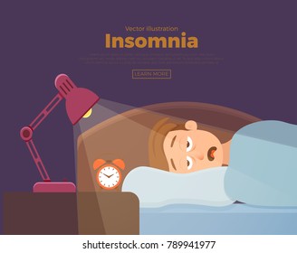 Sleepless man face cartoon character suffers from insomnia. Guy with open eyes in darkness night lying on bed concept. Sad male  awake, tired with canâ??t dream problem vector illustration