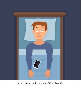 Sleepless man face cartoon character suffers from insomnia. Guy with open eyes in darkness night lying on bed concept. Sad male  awake, tired with cant dream problem vector illustration