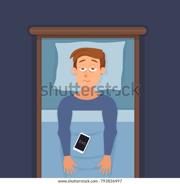 眠れない 男の顔の漫画のキャラクターは不眠症に悩まされる 暗闇の夜に目を開いた男がベッドのコンセプトに横たわっている 悲しい男性は目を覚まし カントドリーム問題のベクター イラストで疲れている のベクター画像素材 ロイヤリティフリー