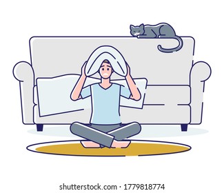 Ein schlafloser Mann wird wütend. Cartoon Männchen sitzt auf dem Boden mit Kissen auf dem Kopf an Schlaflosigkeit und fühlen sich schlecht. Behandlung der Schlaflosigkeit und Ermüdung. Lineare Vektorgrafik