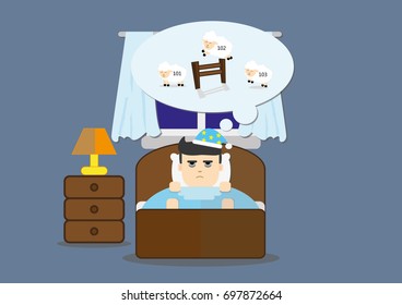 Sleepless man, He counts  jumping sheep in his dream. Flat illustration.