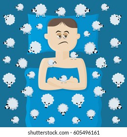Sleepless man lies and walk around the bed. Vector insomnia concept to illustrate a stress and problem of sleep. 