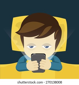 Sleepless man on the bed with mobile, cartoon vector