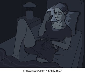 sleepless man on the bed with smartphone