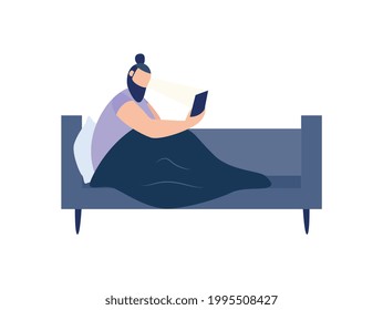 Hombre sin dormir en un sofá con teléfono móvil, ilustración vectorial plana aislada en fondo blanco. Dispositivos digitales, insomnio y concepto de adicción a internet.