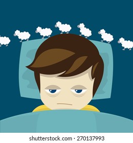 Sleepless man and a sheep, cartoon vector