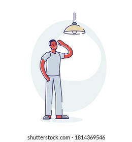 Sleepless man suffering from insomnia. Depressed and exhausted awake cartoon character couldn't sleep. Stressed male with sleeplessness. Linear vector illustration