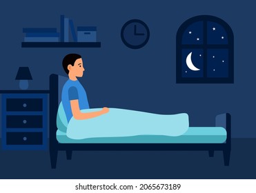 Sleepless Man Suffering From Insomnia. Guy With Open Eyes In Darkness Night Sitting On Bed Concept Vector Illustration. Male Thinking In Bedroom.