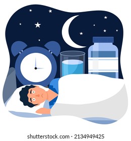 Sleepless man suffering from insomnia. Guy with open eyes in darkness night lying on bed with clock and medicine. Man try to sleep under blanket.