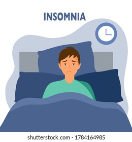 Hombre sin dormir que sufre de insomnio. Joven con ojos abiertos en la noche de la oscuridad sobre la cama concepto ilustración vectorial. Las mujeres tratan de dormir bajo una manta.