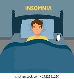 Sleepless man suffering from insomnia. Young guy with open eyes in darkness night lying on bed concept vector illustration. Male try to sleep under blanket.