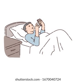 Sleepless man suffers from insomnia and addicted to the smartphone lying in a bed vector illustration isolated on white background. Stressed people with addiction concept.