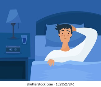 Sleepless man suffers from insomnia. Guy in bed with open eyes in darkness night room. Flat cartoon style vector illustration. 