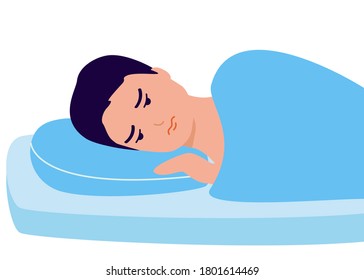 Sleepless, man suffers from insomnia. Young male with open eyes lying on bed. Sad man awake, tired, depression, anxiety. Vector illustration