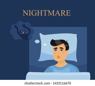Sleepless man suffers from nightmare. Boy lying in bed and looking for a monster. Vector cartoon illustration in flat style