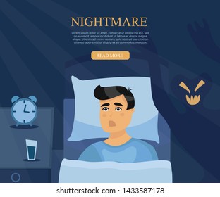 Sleepless man suffers from nightmare. Boy lying in bed and looking for a monster. Vector cartoon illustration in flat style