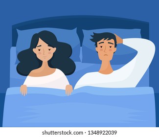 Sleepless Man And Woman Suffers From Insomnia. People In Bed With Open Eyes In Darkness Night Room. Flat Cartoon Style Vector Illustration. 