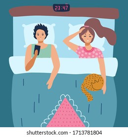 Sleepless man and woman suffers from insomnia. guy using smartphone. People in bed with open eyes in darkness night room. Flat vector illustration